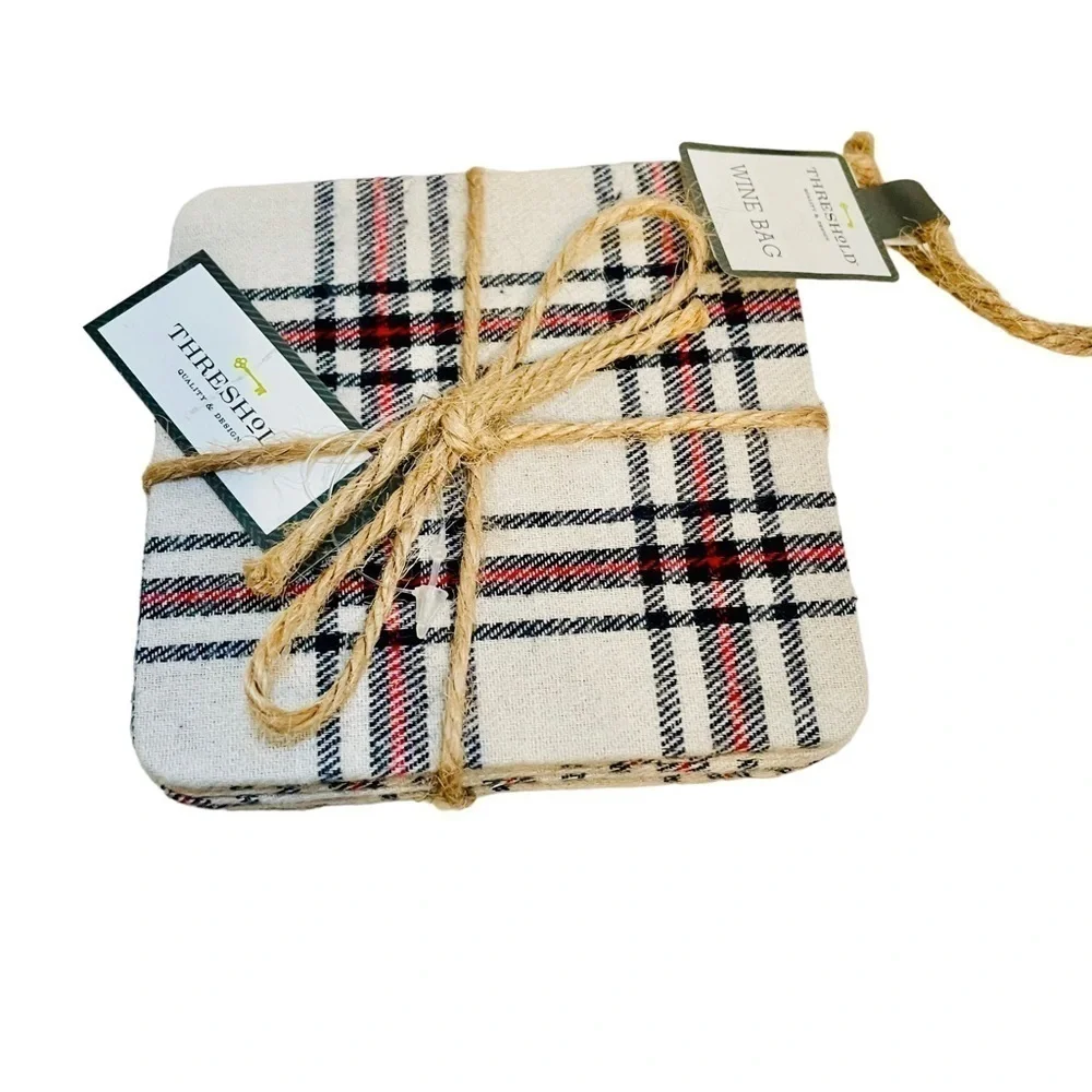 Threshold Plaid Holiday Christmas Fabric Drawstring Wine Bag and four Coasters